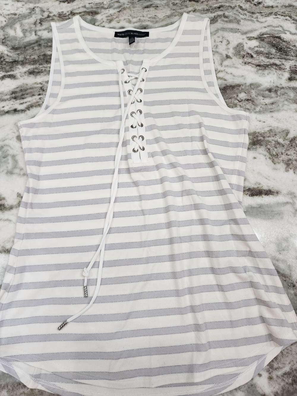 White House Black Market White and Light Gray Striped Lace-Up Tank Top